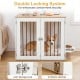 Wooden dog crate with side window panels for airflow, double lock doors, and thickened wooden boards for stability.
