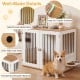 Wooden dog kennel with double lock doors, easy-to-clean surface, and spacious tabletop for pet supplies or decor.