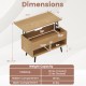 Lift-top coffee table in natural finish with hidden storage, two open shelves, and hydraulic lifting mechanism for.