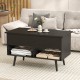 Lift-top coffee table in black with hidden compartment and two storage shelves, perfect for a clutter-free living room.