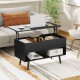 Lift-top coffee table in black with hidden compartment and two storage shelves, perfect for living room organization.
