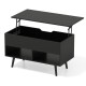 Black lift-top coffee table showcasing a spacious hidden compartment and two open shelves for stylish storage solutions.
