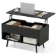 Black lift-top coffee table with tapered legs, showcasing a spacious hidden compartment and two open storage shelves.