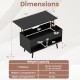 Lift-top coffee table in black with hidden compartment and two storage shelves, ideal for a clutter-free living room.