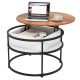 Round lift top coffee table with hidden compartment, teak finish, and side shelves for organized storage and easy.