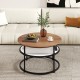 Round lift top coffee table with teak finish, hidden compartment, and side shelves for organized storage in living room.