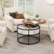 Round lift top coffee table with hidden compartment and side shelves, featuring a teak finish and strong metal.