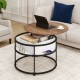 Round lift-top coffee table with hidden compartment, teak finish, and side shelves for organized storage in living room.