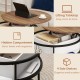 Round lift top coffee table in teak with hidden compartment and 4 side shelves for organizing small items.