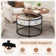 Round lift top coffee table with hidden compartment and side shelves, featuring a strong metal structure for stability.