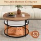 Round lift-top coffee table in teak with hidden compartment, side shelves, and spacious base for pets.