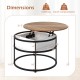 Round lift top coffee table with hidden compartment and side shelves, featuring a sturdy metal structure for stability.