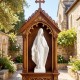 31.5-inch Virgin Mary statue with aged finish, made from magnesium oxide, ideal for garden or patio decoration.