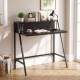 Industrial desk with raised shelf in black metal frame, perfect for small spaces and organized work areas.
