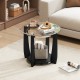 Round 32" black coffee table with a glass top and storage shelf, featuring a solid wood frame and wheels for easy.