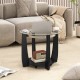 Round coffee table with a 32" tempered glass top and black rubber wood frame, featuring a storage shelf and wheels for.