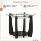 32" round coffee table with a black rubber wood frame, tempered glass top, and storage shelf, ideal for living room use.