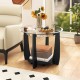 Round coffee table with a 0.31" tempered glass top and black rubber wood frame, featuring a storage shelf and wheels.