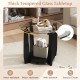 Round coffee table with a 0.31" thick tempered glass top, black rubber wood frame, and storage shelf for versatile use.