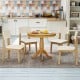 Round 32-inch wooden pub pedestal side table with four chairs, featuring a natural finish for dining room or kitchen.