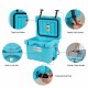 Portable insulated ice cooler in blue with 24-can capacity, tight seal gasket, and built-in lock slot for outdoor.