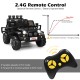 Black 12V 2-seater ride-on car with remote control, featuring storage, LED lights, and variable speeds for kids' fun.