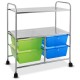 Rolling storage cart rack with 4 big blue and green drawers and 2 metal mesh shelves, ideal for kitchen or office use.