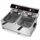 Dual tank electric countertop deep fryer with stainless-steel construction, separate temperature controls, and two.