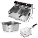 Dual tank electric countertop deep fryer with stainless-steel construction, separate temperature controls, and included.