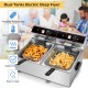 Dual tank electric countertop deep fryer with stainless steel construction, featuring separate temperature controls and.