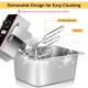 Dual tank electric countertop deep fryer with removable head, stainless steel construction, and easy cleaning design.