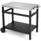 Sturdy 34" x 20" double-shelf grill table with a rustproof stainless steel top and smooth-rolling wheels for easy mobility.
