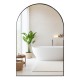 Arched mirror with brushed metal frame and adjustable shelves, ideal for wall-mounted bathroom storage.