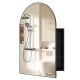 Wall-mounted 34" x 22" black brushed metal storage cabinet with arched mirror and adjustable tempered glass shelves.