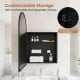 Brushed metal wall-mounted storage cabinet with arched mirror and two adjustable shelves for customizable bathroom storage.