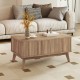 Rectangle wooden fluted lift-top coffee table in walnut finish, featuring hidden compartments and mid-century design.