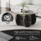 Round coffee table with tempered glass top and solid wood base, featuring anti-skid pads and spacious design for.