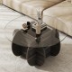 Round coffee table with tempered glass top and solid rubber wood base, featuring a tic-tac-toe patterned frame for.