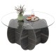 Round coffee table with tempered glass top and solid wood base, featuring a tic-tac-toe patterned frame for stylish.