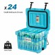 Portable blue ice cooler with 24-can capacity, reinforced latches, and two cup holders for outdoor activities.