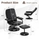 Swivel lounge chair recliner with ottoman in black leather, featuring adjustable recline and 360-degree swivel.