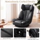 Close-up of the 360-degree swivel floor gaming chair in black, featuring dense stitching and a heavy-duty metal base.