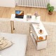 360° rotating sofa side table in white with faux marble top, featuring storage shelf and hooks, ideal for living room.