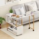 360° rotating sofa side table in white with faux marble top, storage shelf, and hooks for versatile living room use.