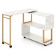 360° rotating sofa side table with faux marble top, S-shaped shelf, and hooks for living room storage and organization.