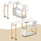 360° rotating sofa side table with white faux marble top, S-shaped shelf, and hooks for living room storage and.