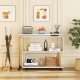 360° rotating sofa side table in white with faux marble top, featuring storage shelves and hooks for living room.