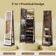 360° swivel jewelry cabinet in rustic brown with LED full-length mirror and open storage shelves for easy access.