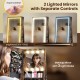 Makeup mirror detail with touch control and three light modes, part of a 360° swivel jewelry cabinet in rustic brown.