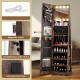 360° swivel jewelry cabinet in rustic brown with LED lighted mirror, open shelves, and lockable door for secure storage.